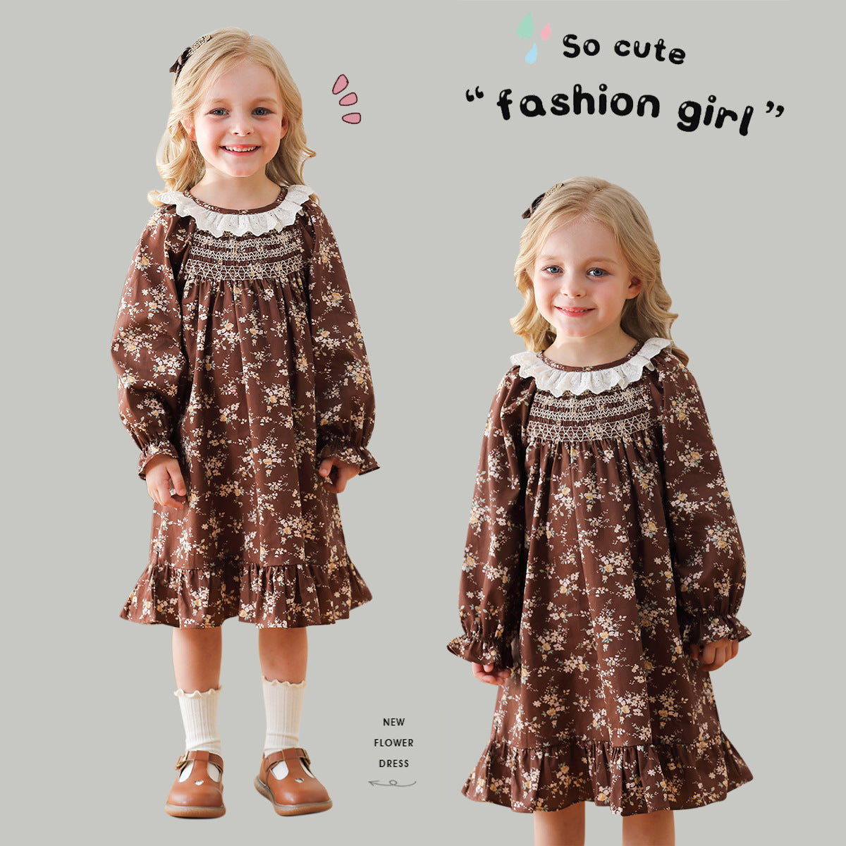 A charming vintage-style dress for girls featuring a ruffle collar and floral pattern, perfect for autumn and spring wear.