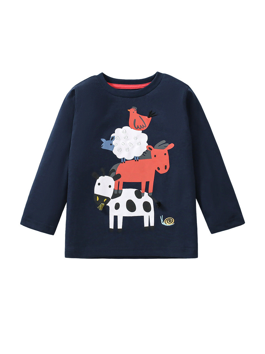 Navy blue long sleeve shirt for kids featuring cartoon animal patterns, made from soft cotton, suitable for spring and autumn wear.
