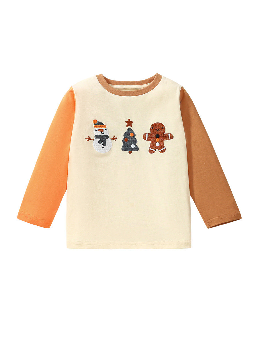 A vibrant orange long sleeve t-shirt for kids featuring a fun cartoon pattern, perfect for autumn and winter wear.