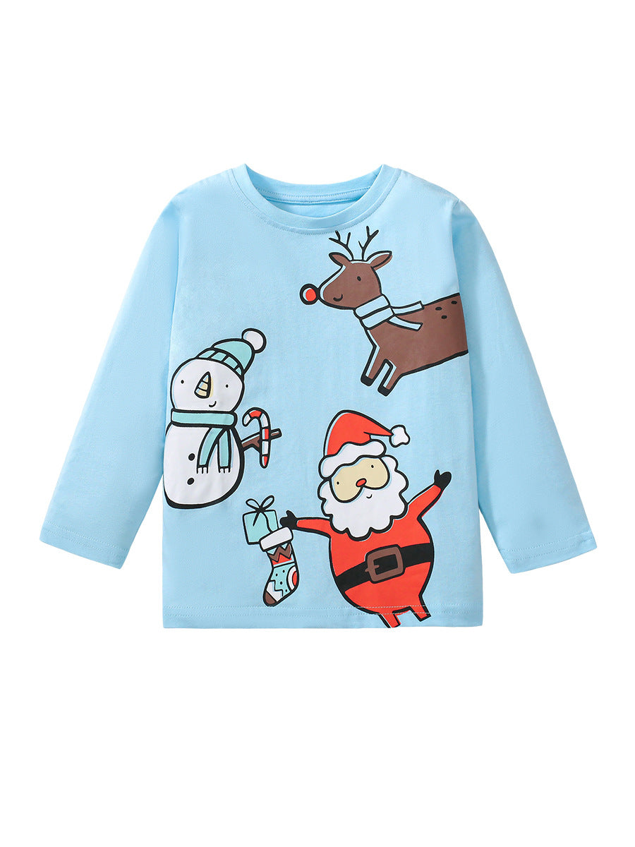 A vibrant blue long-sleeve outfit featuring a cartoon Santa Claus pattern, perfect for kids during the festive season.