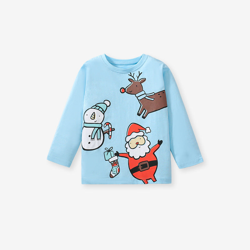 A vibrant blue long-sleeve outfit featuring a cartoon Santa Claus pattern, perfect for kids during the festive season.