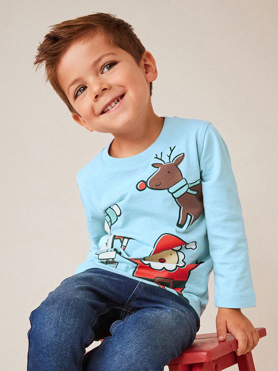 A vibrant blue long-sleeve outfit featuring a cartoon Santa Claus pattern, perfect for kids during the festive season.