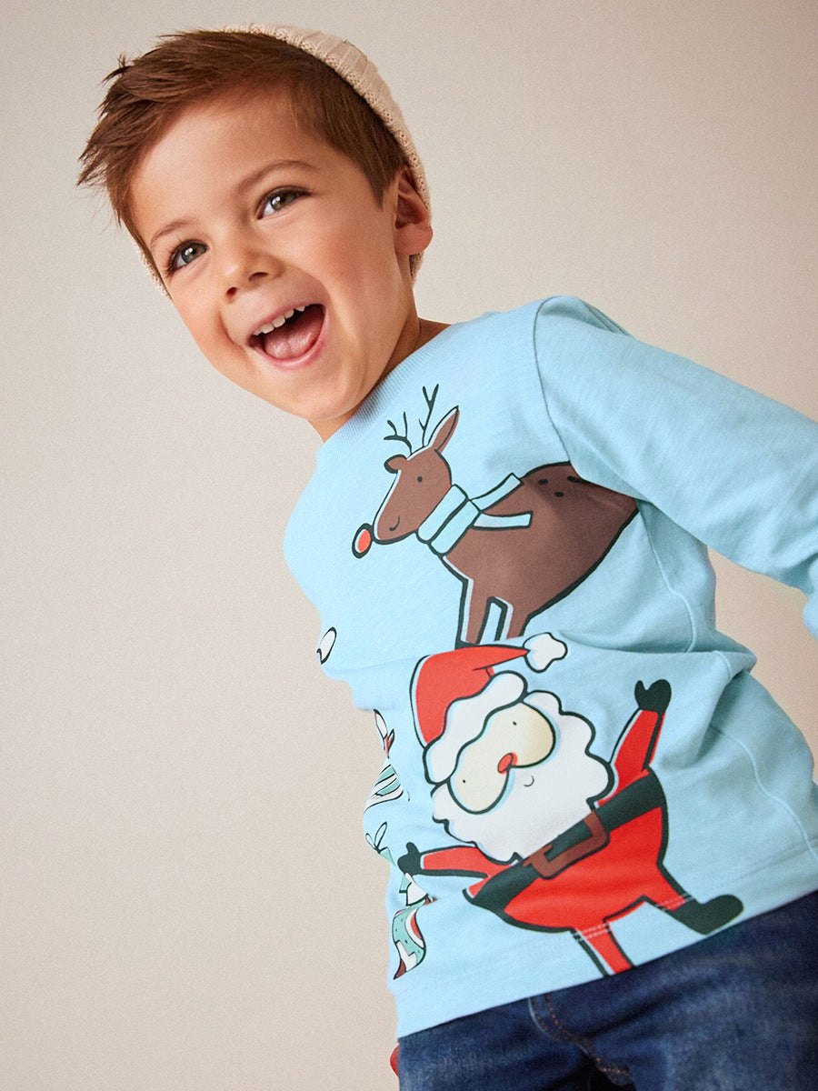 A vibrant blue long-sleeve outfit featuring a cartoon Santa Claus pattern, perfect for kids during the festive season.