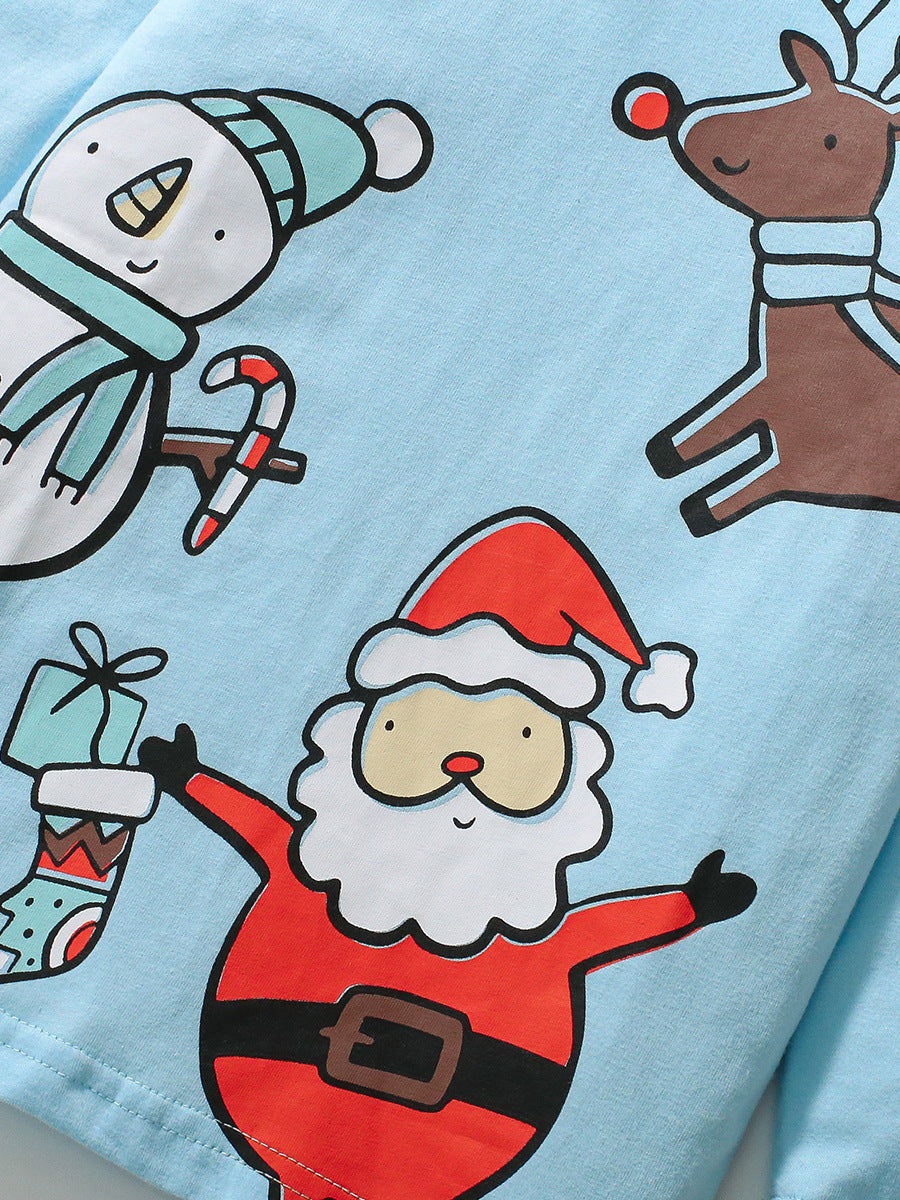 A vibrant blue long-sleeve outfit featuring a cartoon Santa Claus pattern, perfect for kids during the festive season.