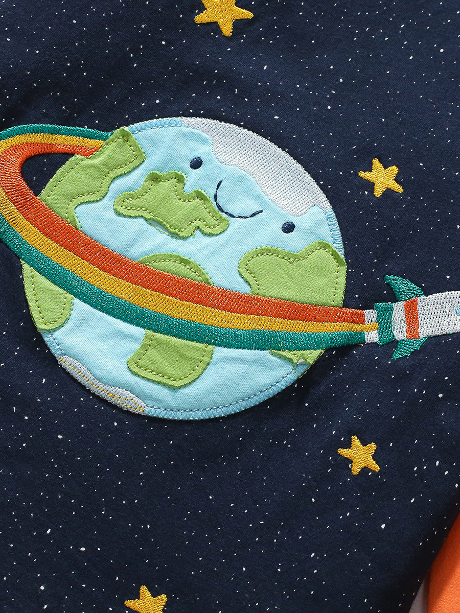 Navy blue cotton kids' outfit featuring a rocket and universe cartoon pattern appliqué, perfect for autumn and spring wear.