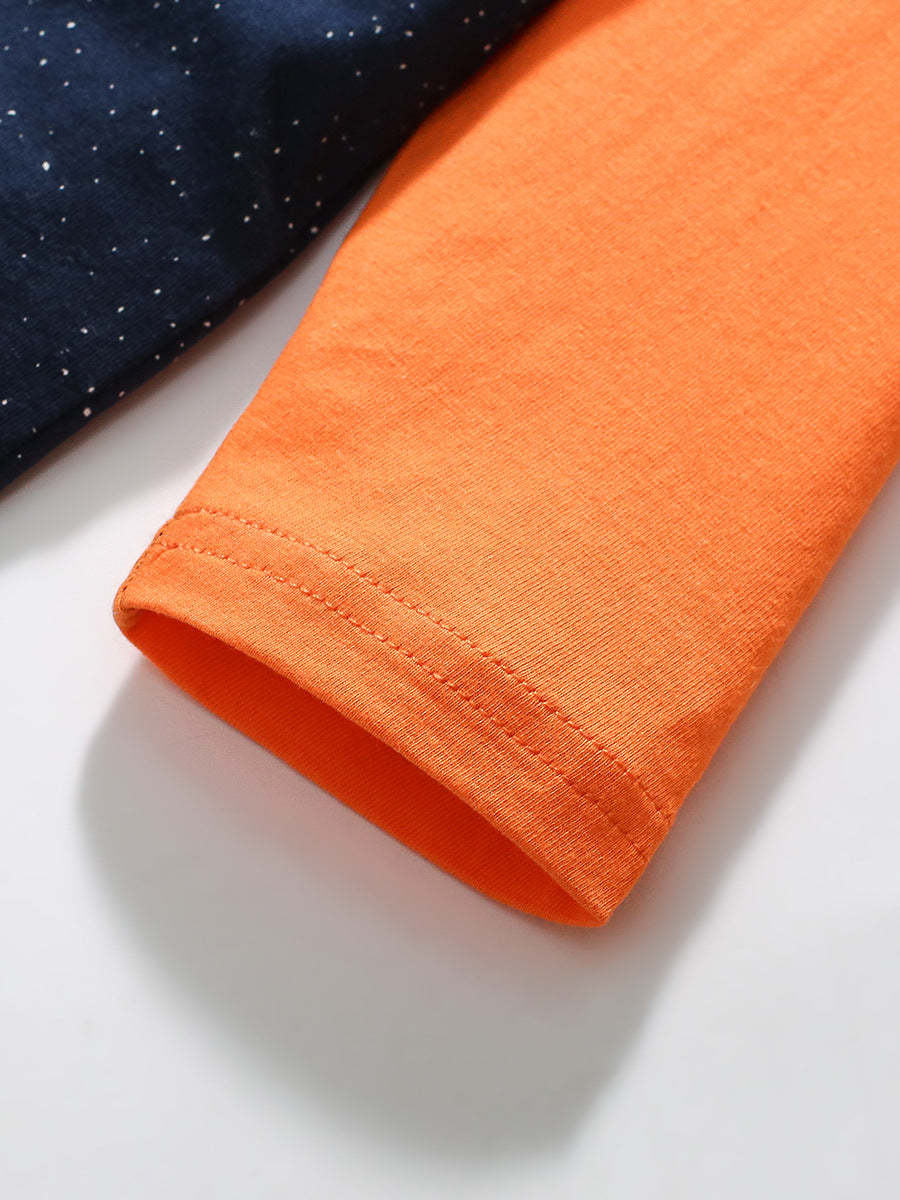 Navy blue cotton kids' outfit featuring a rocket and universe cartoon pattern appliqué, perfect for autumn and spring wear.