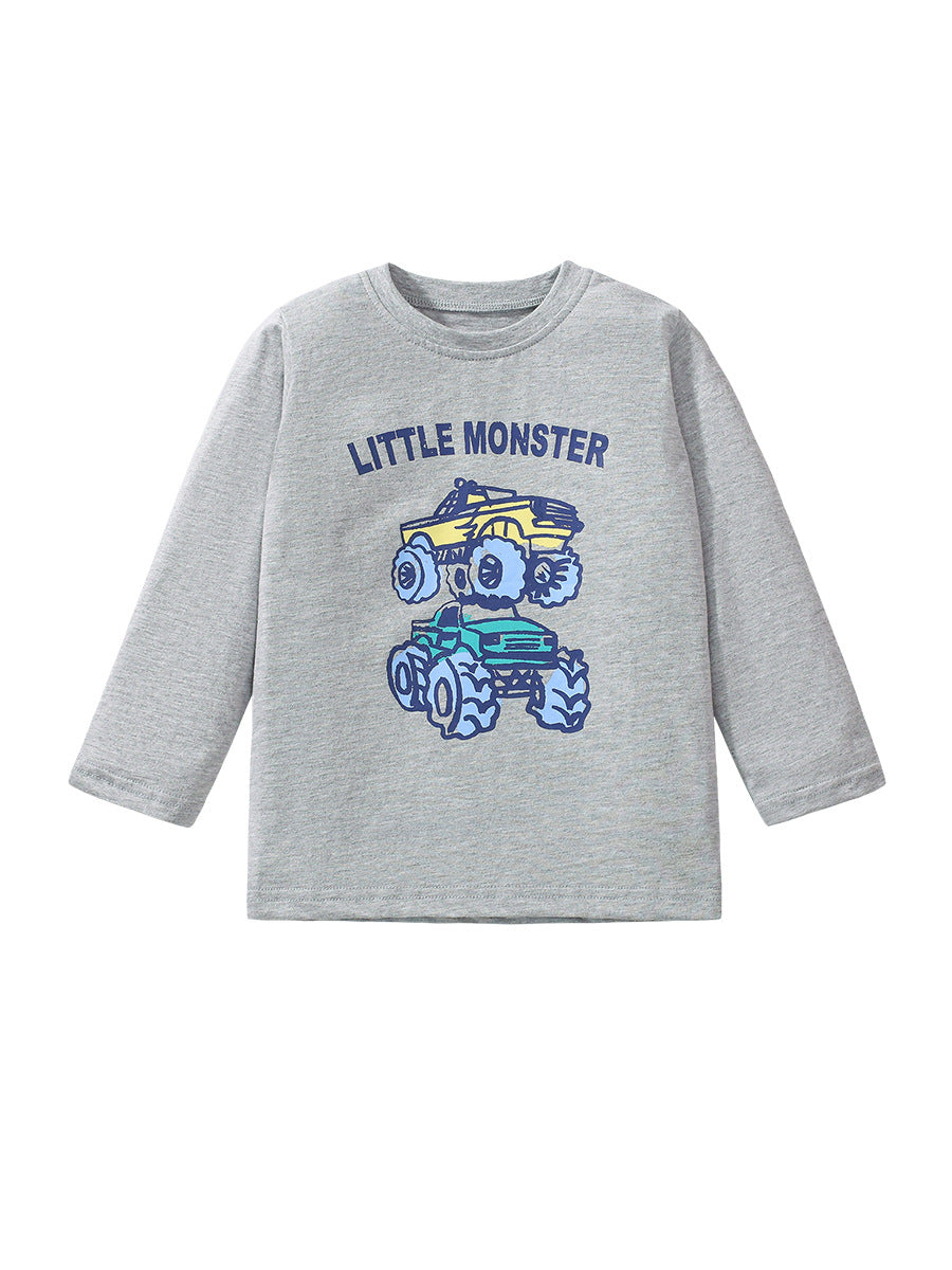 Grey long sleeves t-shirt for kids featuring a cartoon vehicle pattern, made from soft cotton material, suitable for spring and autumn wear.
