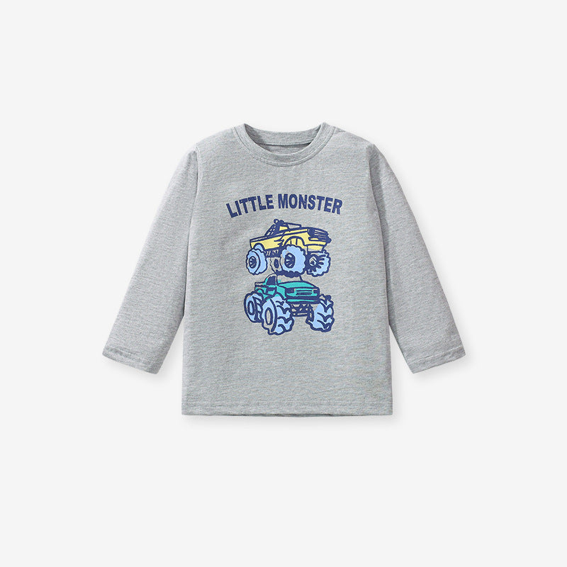 Grey long sleeves t-shirt for kids featuring a cartoon vehicle pattern, made from soft cotton material, suitable for spring and autumn wear.