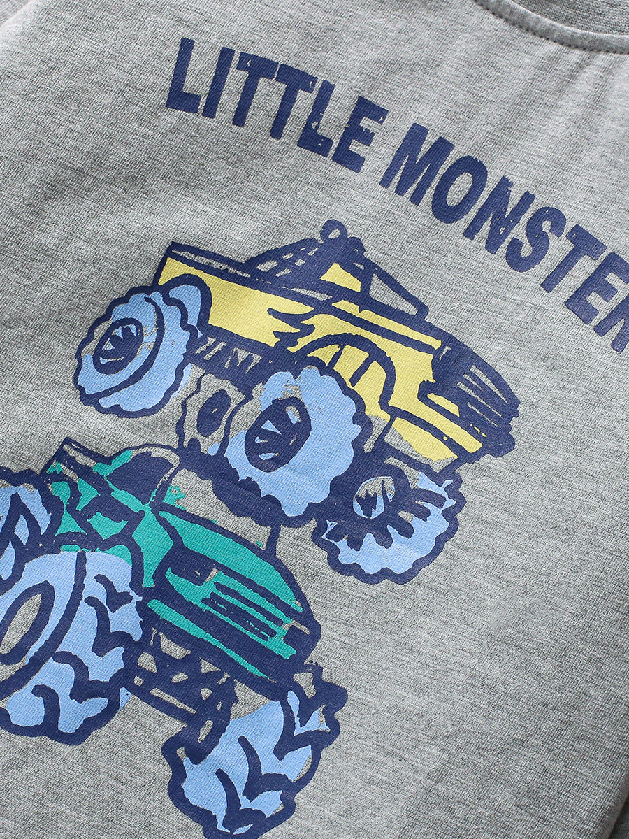Grey long sleeves t-shirt for kids featuring a cartoon vehicle pattern, made from soft cotton material, suitable for spring and autumn wear.