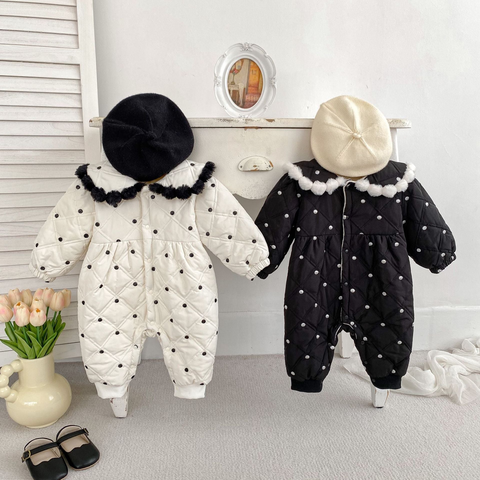 Arrival Baby Girls Dots Pattern Thick Romper in black and beige, featuring a cute dots design and single-breasted closure.