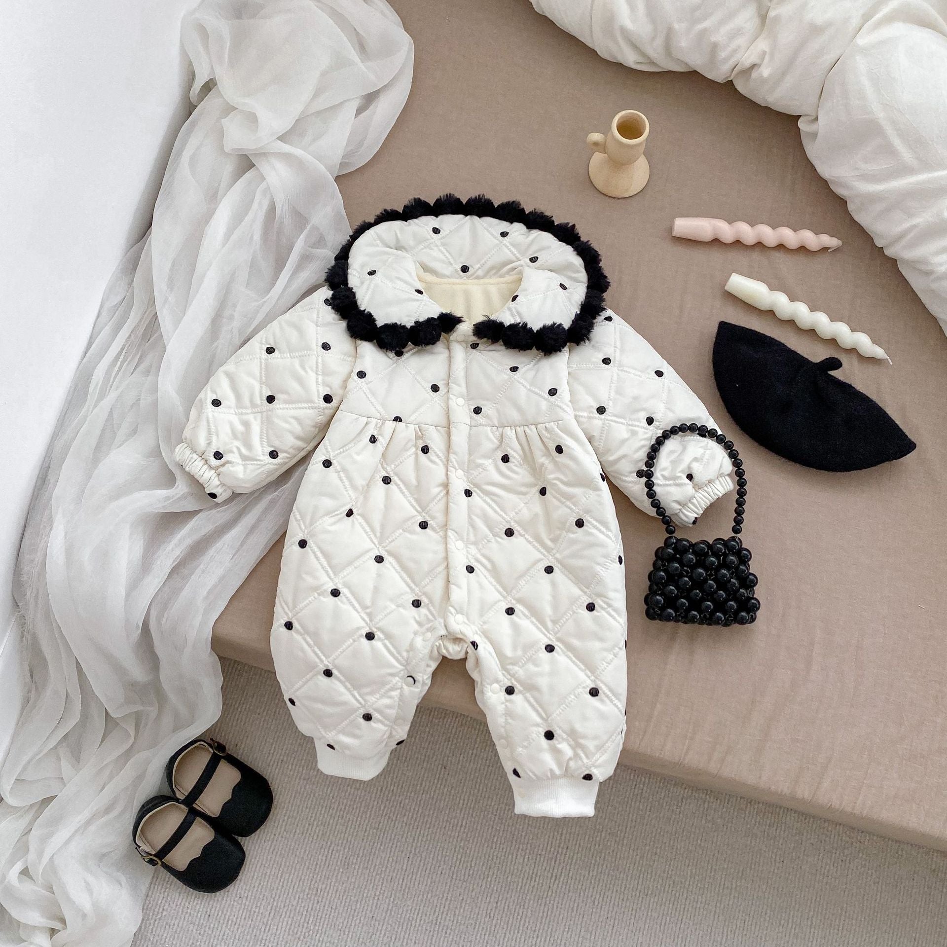 Arrival Baby Girls Dots Pattern Thick Romper in black and beige, featuring a cute dots design and single-breasted closure.