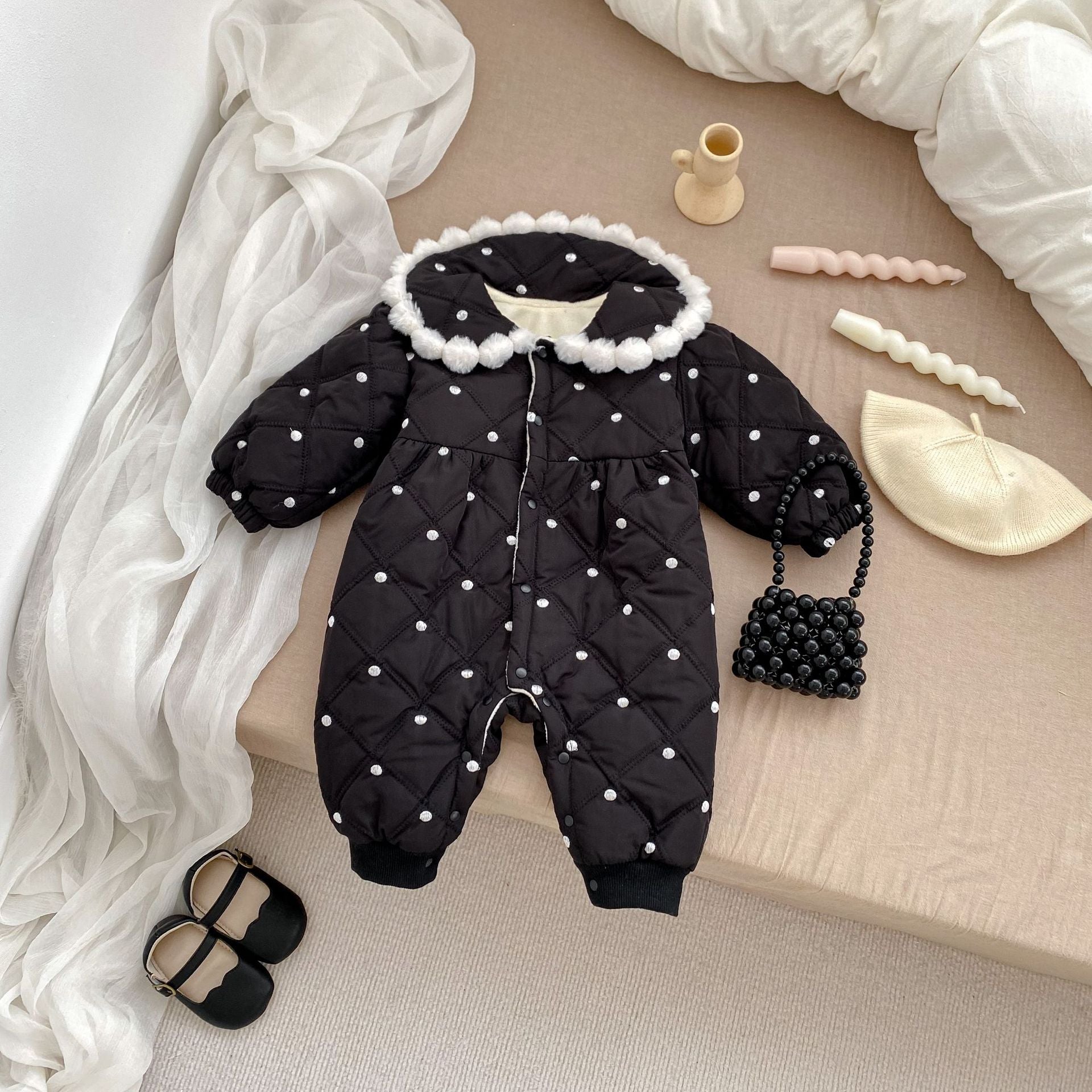 Arrival Baby Girls Dots Pattern Thick Romper in black and beige, featuring a cute dots design and single-breasted closure.