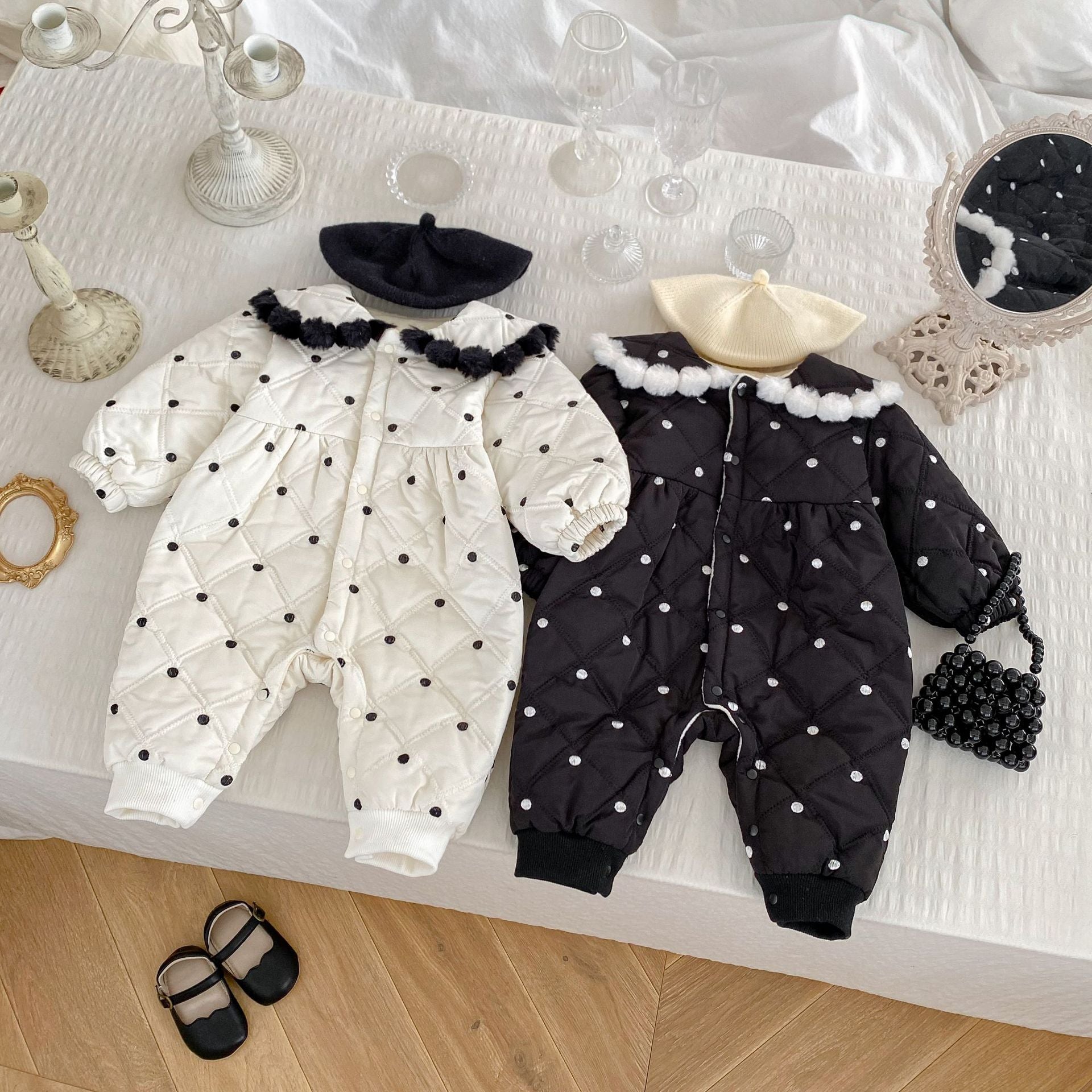 Arrival Baby Girls Dots Pattern Thick Romper in black and beige, featuring a cute dots design and single-breasted closure.