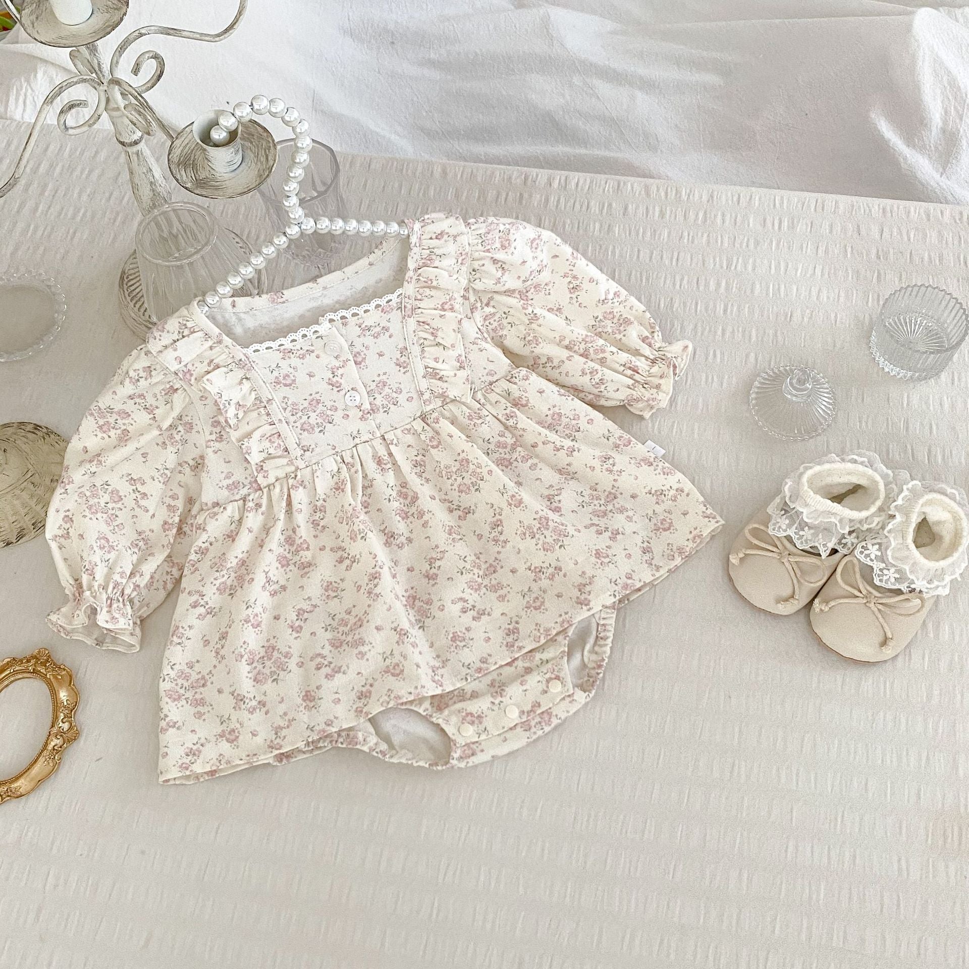 Arrival Baby Girls Long Sleeves Floral Print Square Neck Bodysuit in pink, featuring a floral design, perfect for spring and autumn.