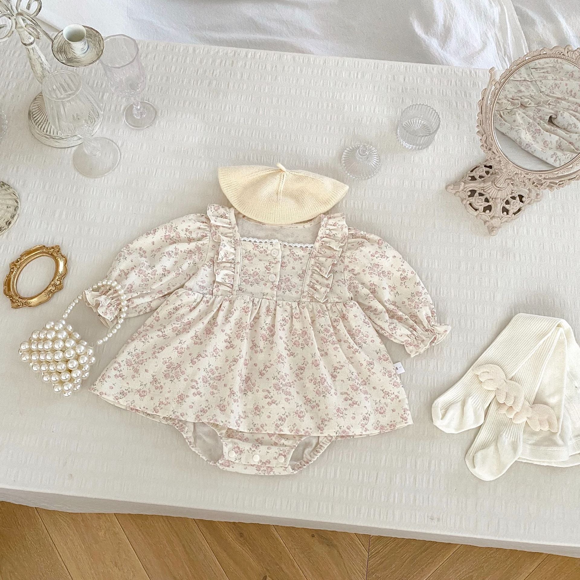 Arrival Baby Girls Long Sleeves Floral Print Square Neck Bodysuit in pink, featuring a floral design, perfect for spring and autumn.