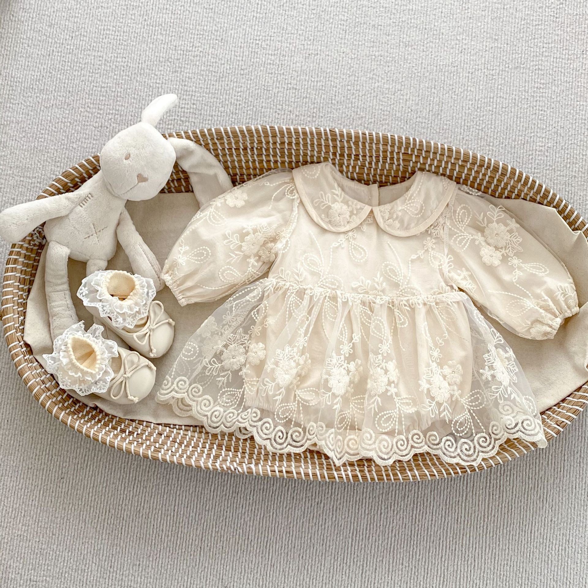 Arrival Baby Girls Long Sleeves Dress in beige with floral embroidery and tulle overlay, perfect for spring and autumn.