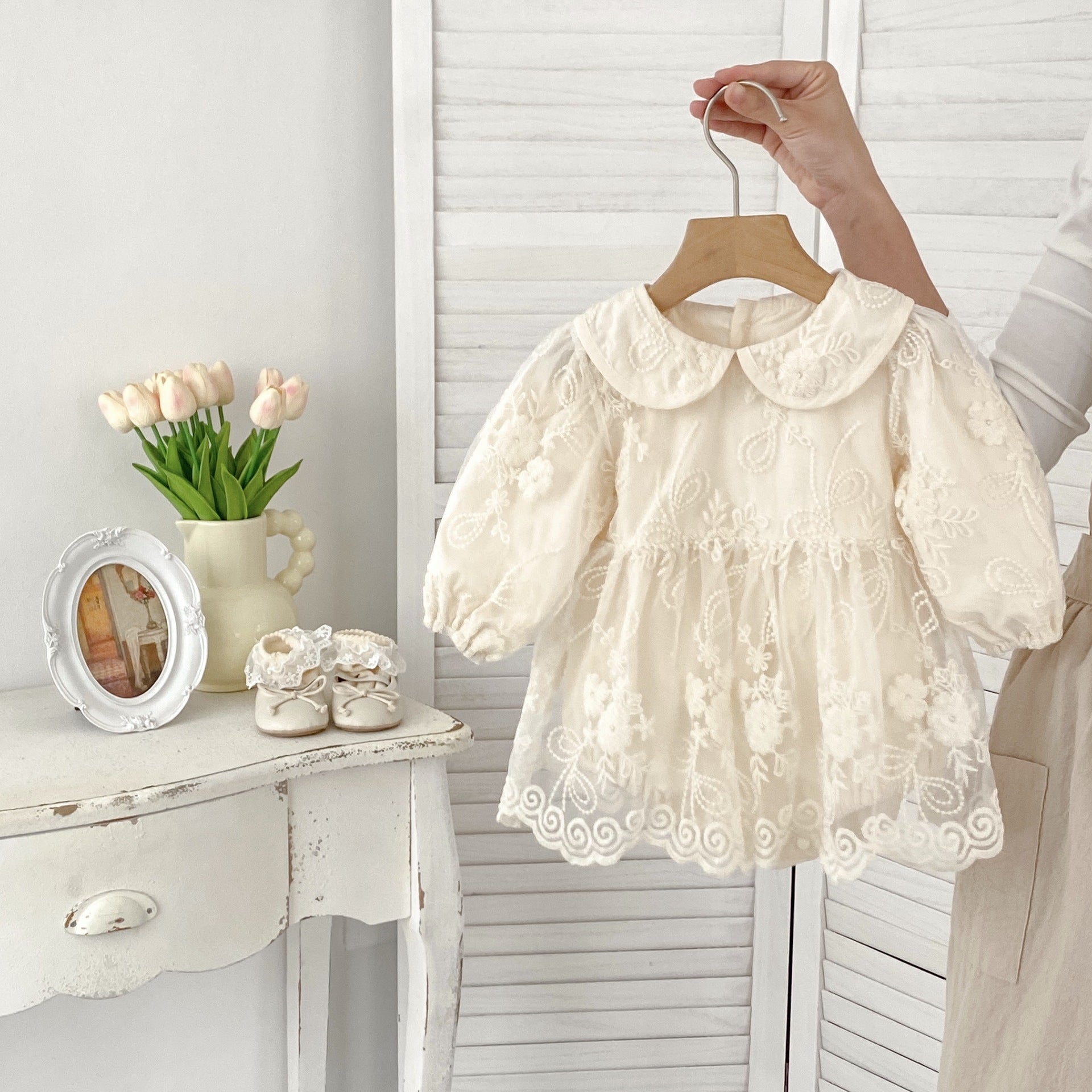 Arrival Baby Girls Long Sleeves Dress in beige with floral embroidery and tulle overlay, perfect for spring and autumn.