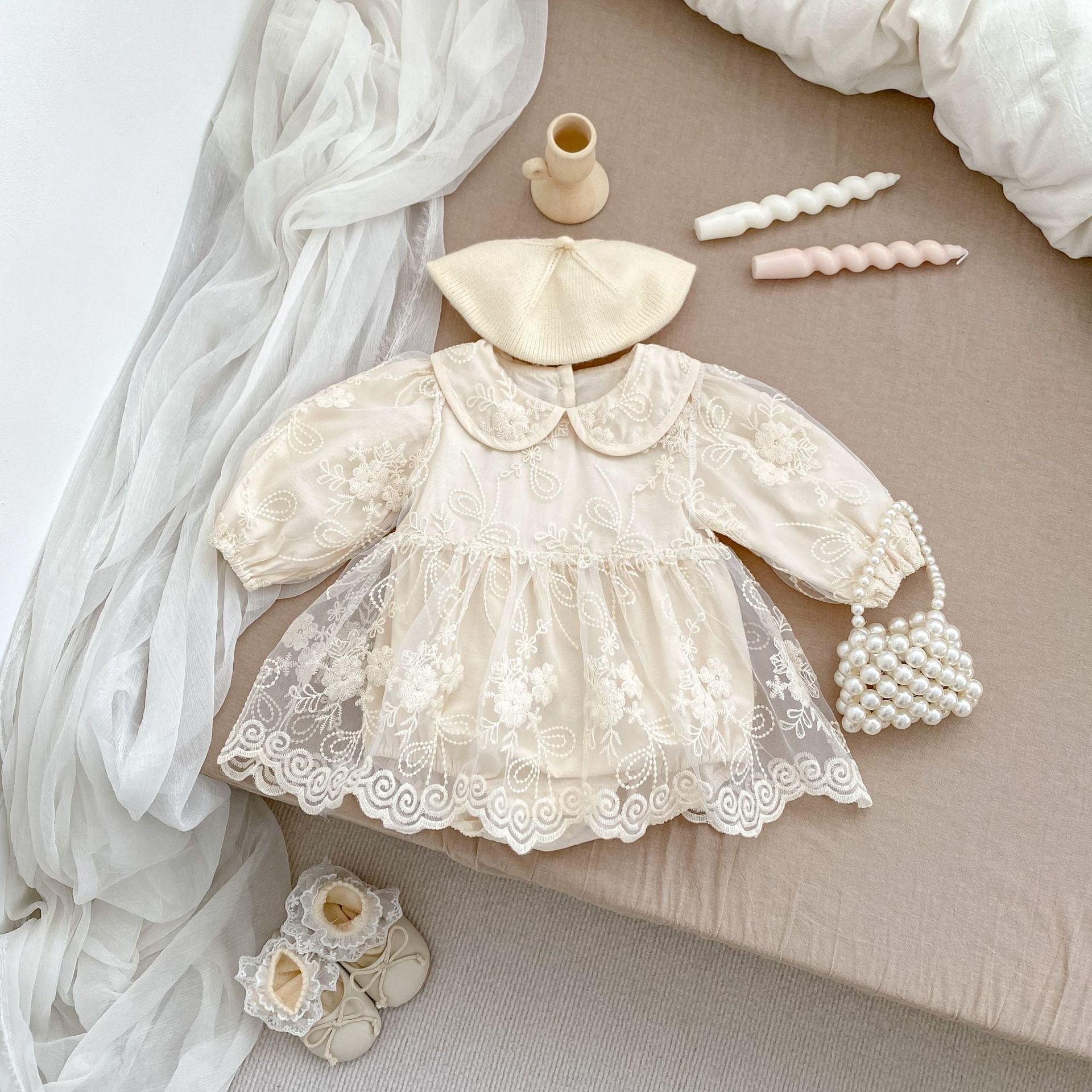 Arrival Baby Girls Long Sleeves Dress in beige with floral embroidery and tulle overlay, perfect for spring and autumn.