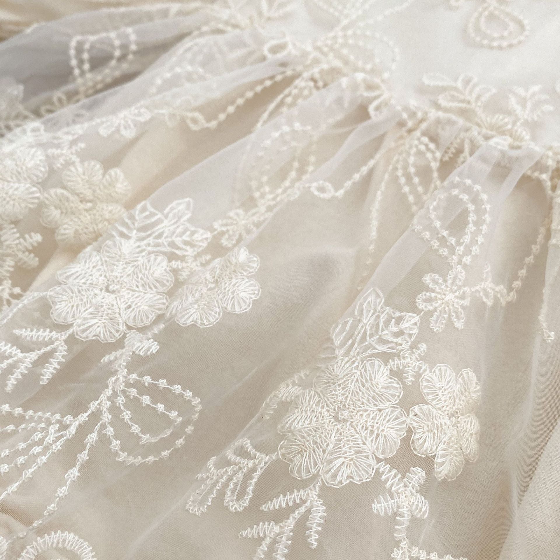 Arrival Baby Girls Long Sleeves Dress in beige with floral embroidery and tulle overlay, perfect for spring and autumn.