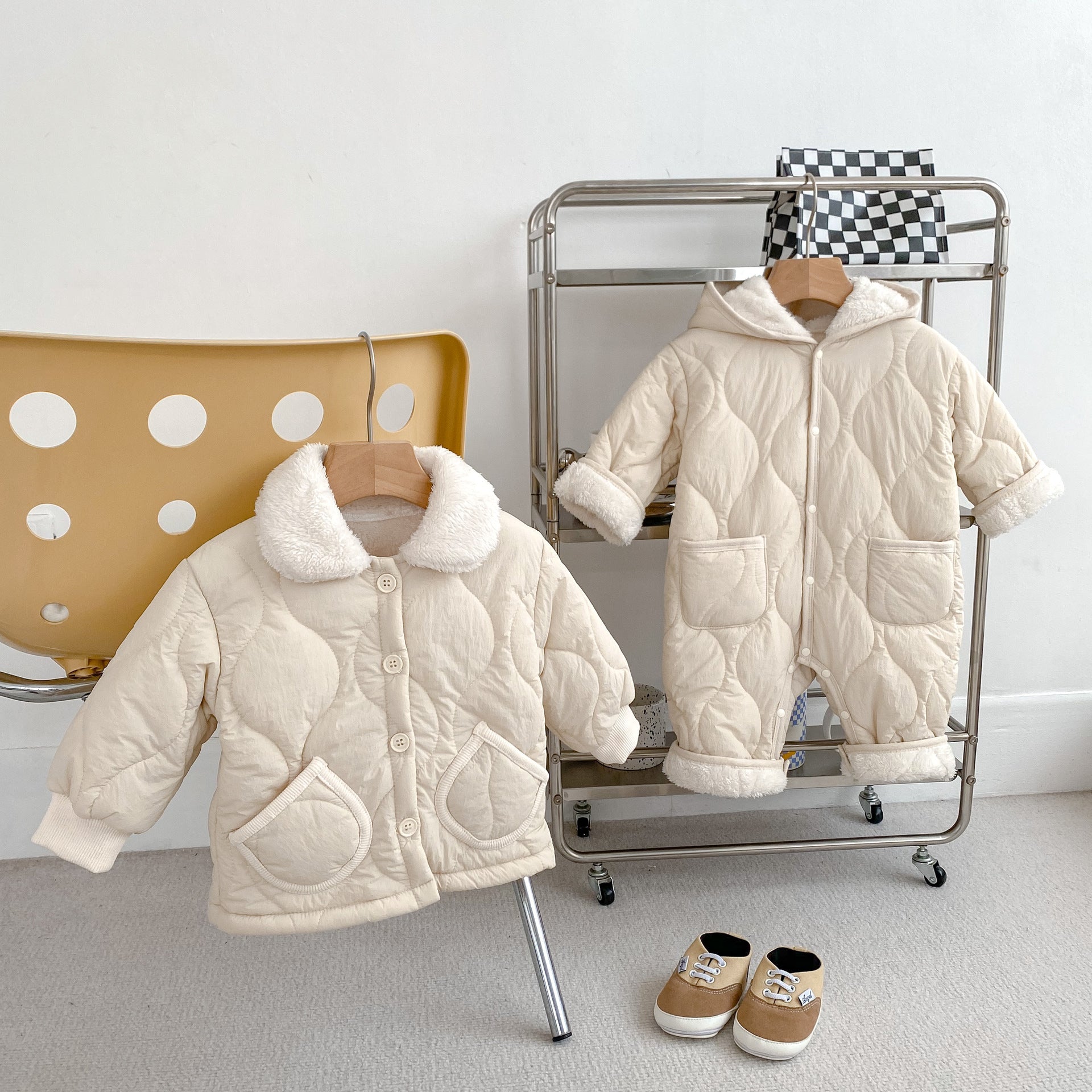 Arrival Baby Kids Boys Thick Coat and Romper in white and beige, showcasing a simple plain design suitable for winter wear.