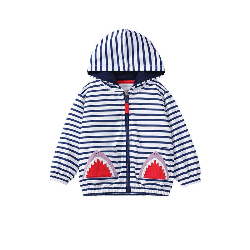 Navy blue striped hoodie for baby girls featuring a shark pattern and pockets, perfect for spring and autumn wear.