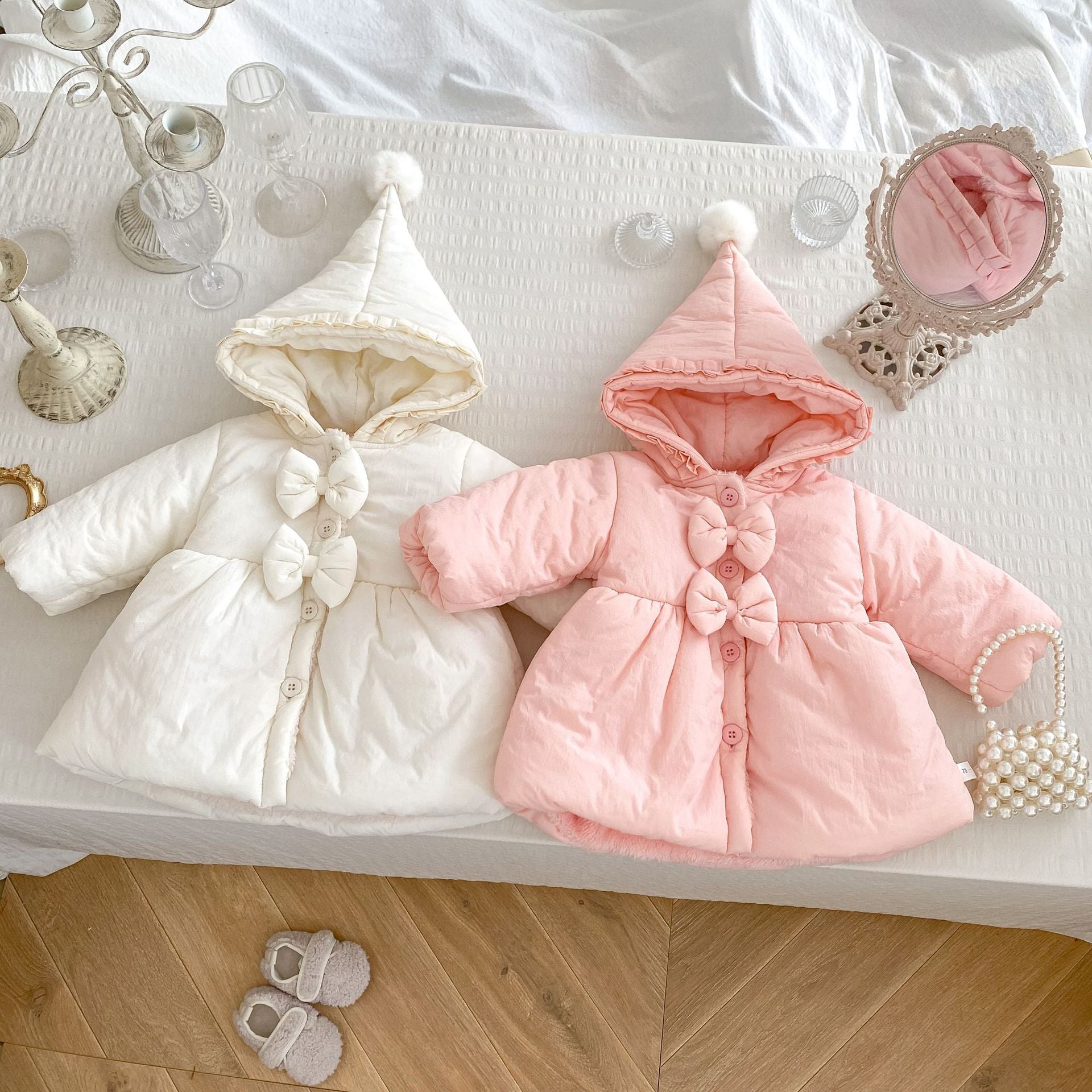 Arrival Baby Kids Girls Hooded Jacket in pink and beige, featuring a single-breasted design, perfect for winter wear.
