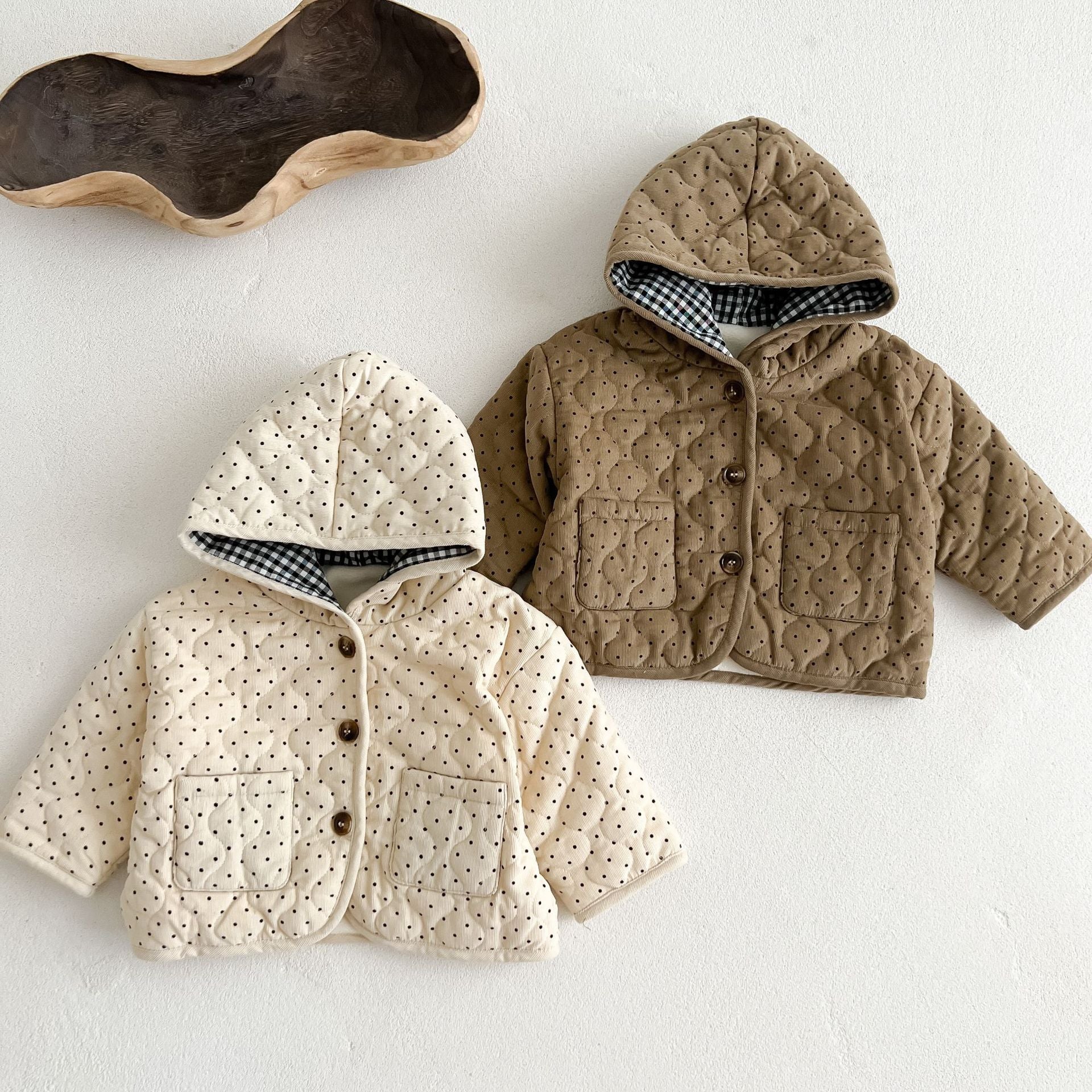 Arrival Baby Kids Unisex Dots Pattern Hooded Thick Jacket in beige and coffee colors, featuring a stylish dots design.