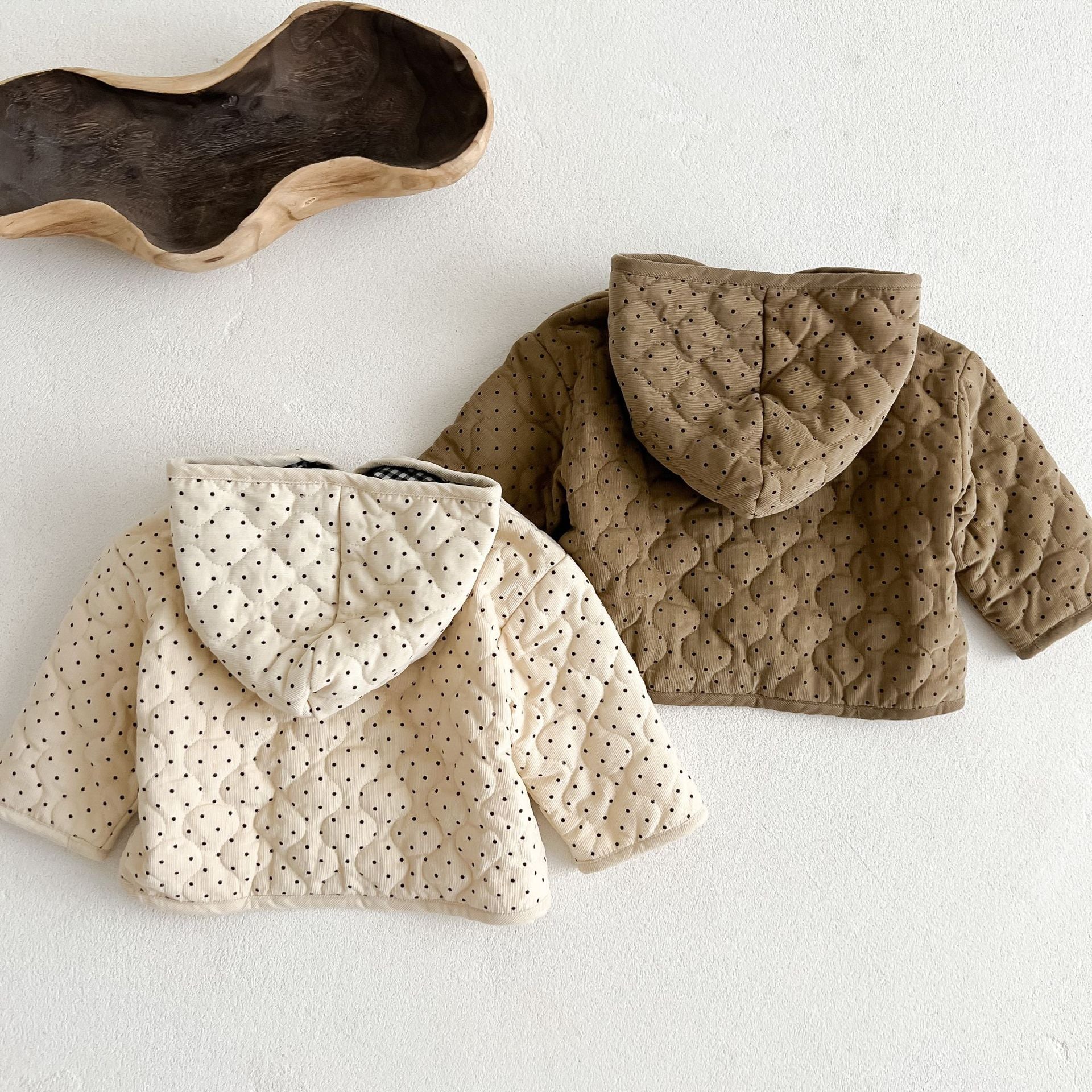 Arrival Baby Kids Unisex Dots Pattern Hooded Thick Jacket in beige and coffee colors, featuring a stylish dots design.