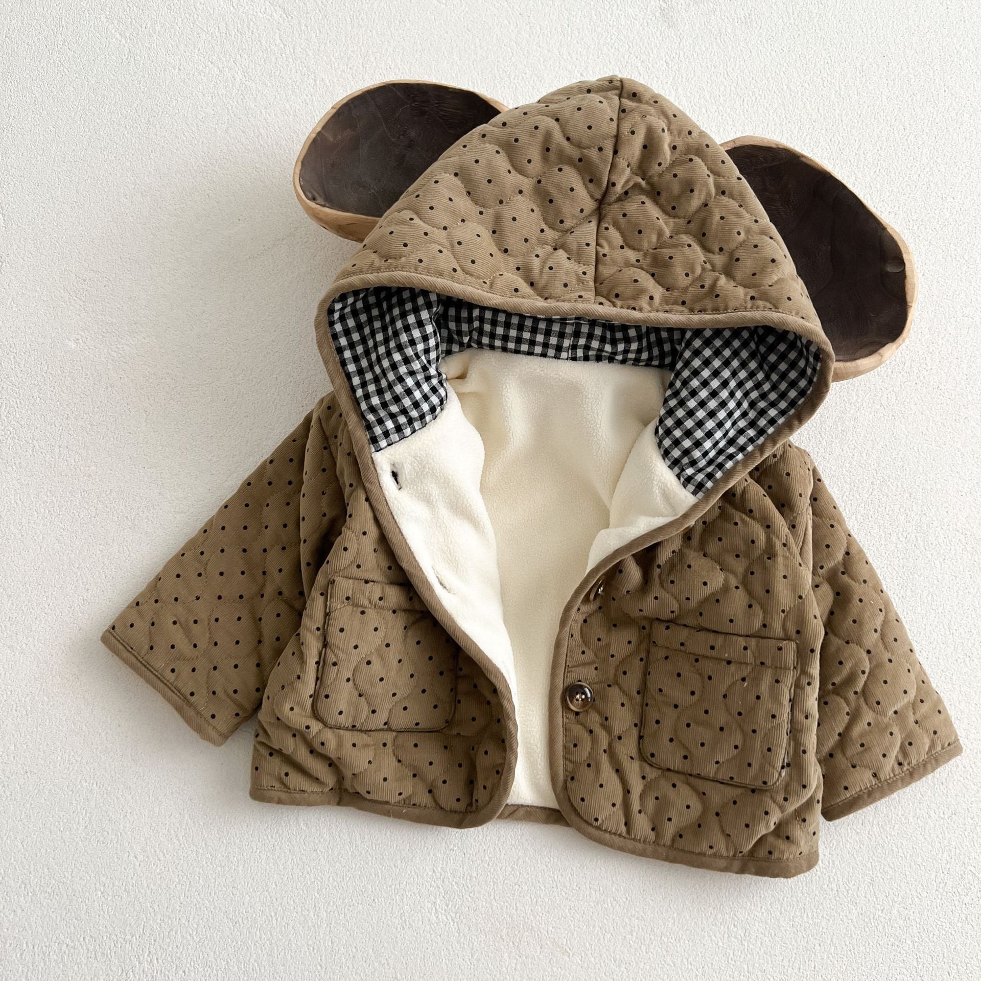 Arrival Baby Kids Unisex Dots Pattern Hooded Thick Jacket in beige and coffee colors, featuring a stylish dots design.