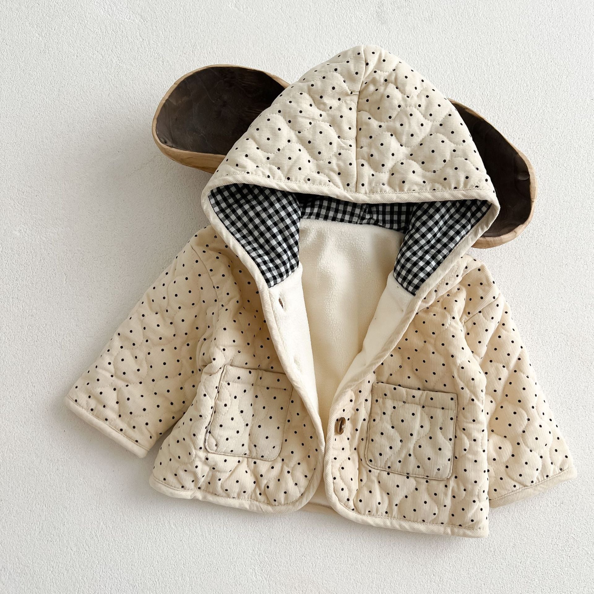 Arrival Baby Kids Unisex Dots Pattern Hooded Thick Jacket in beige and coffee colors, featuring a stylish dots design.