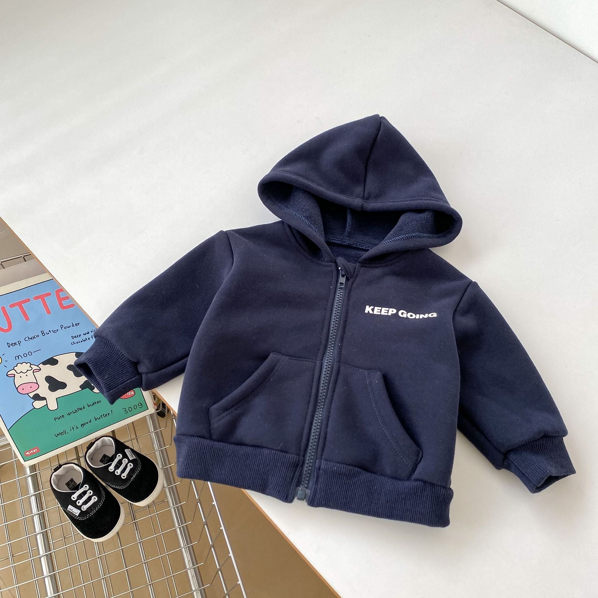 Arrival Baby Kids Unisex Letters Print Zip-up Hooded Thick Coat in Navy Blue and Grey, featuring a playful letters print and a cozy hood.