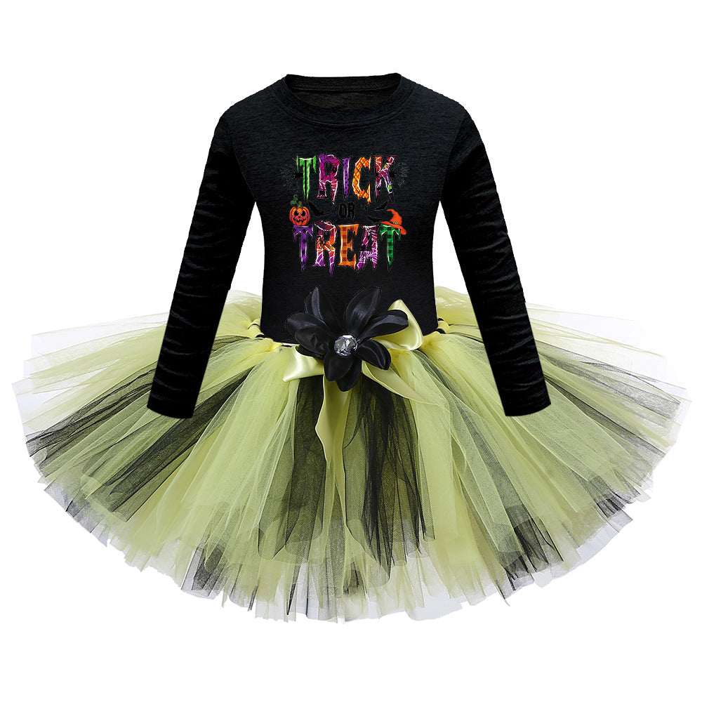 Arrival Girls’ Halloween Costume featuring long sleeves and cartoon print witches design in various colors.