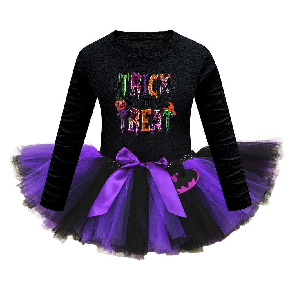 Arrival Girls’ Halloween Costume featuring long sleeves and colorful cartoon prints, suitable for young girls aged 1-8 years.