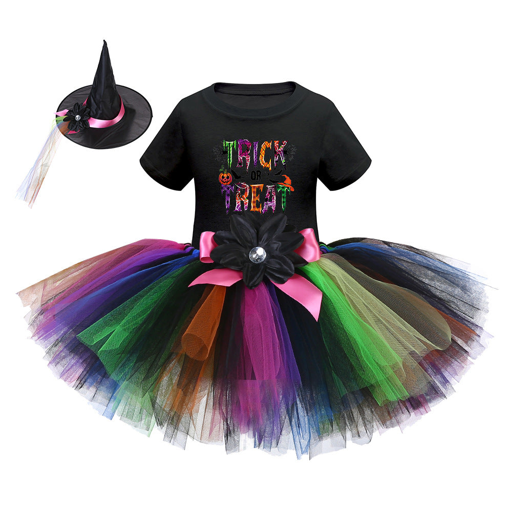 Arrival Girls’ Halloween Costume featuring short sleeves and cartoon print witches in vibrant colors.