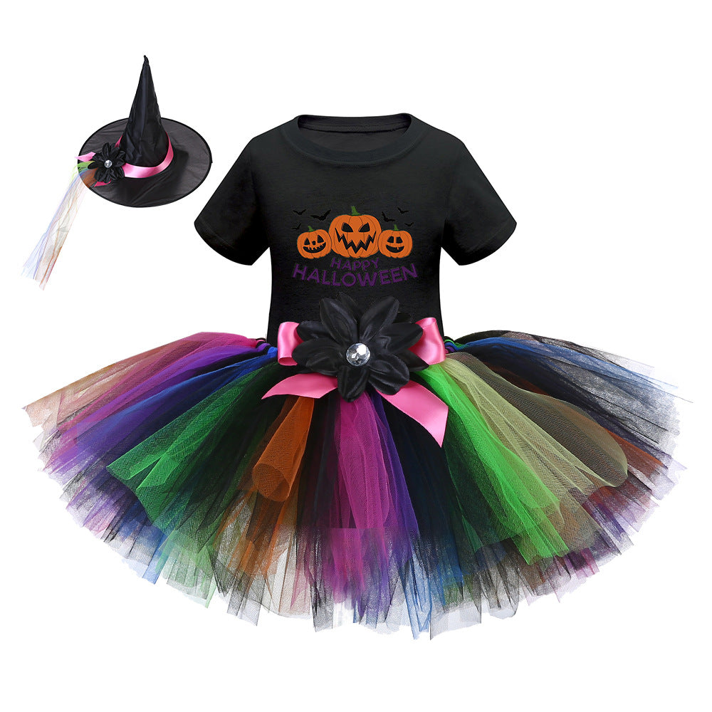 Arrival Girls’ Halloween Costume featuring short sleeves and cartoon print witches in vibrant colors.
