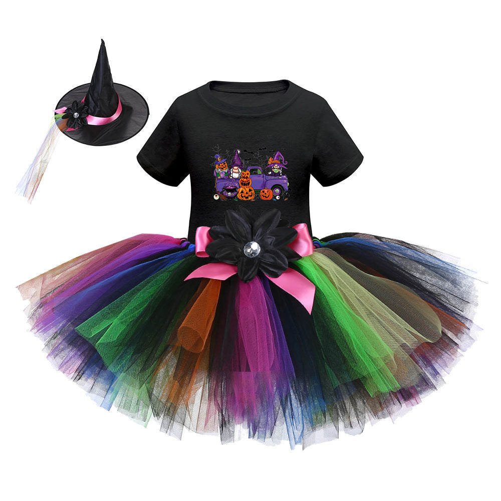Arrival Girls’ Halloween Costume featuring short sleeves and cartoon print witches in vibrant colors.