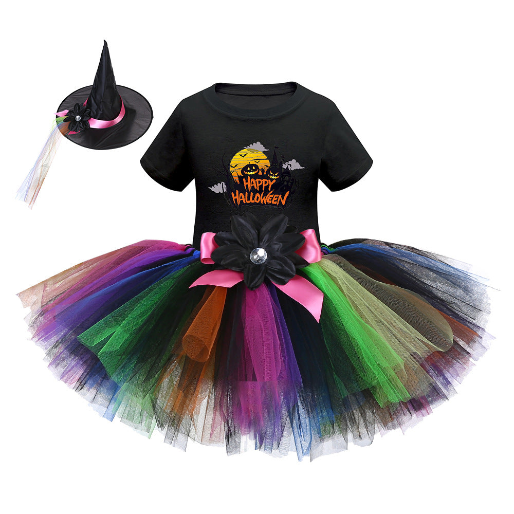 Arrival Girls’ Halloween Costume featuring short sleeves and cartoon print witches in vibrant colors.