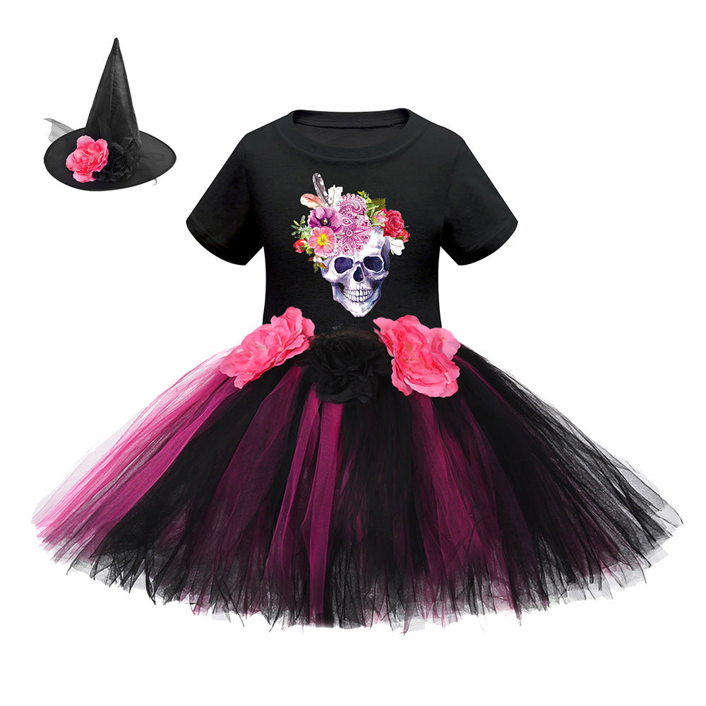 Arrival Girls’ Halloween Costume featuring short sleeves and cartoon print witches in vibrant colors.