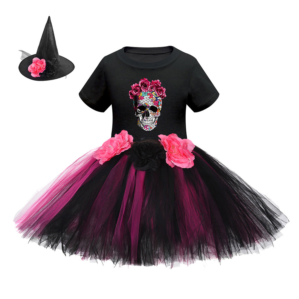 Arrival Girls’ Halloween Costume featuring short sleeves and cartoon print witches in vibrant colors.