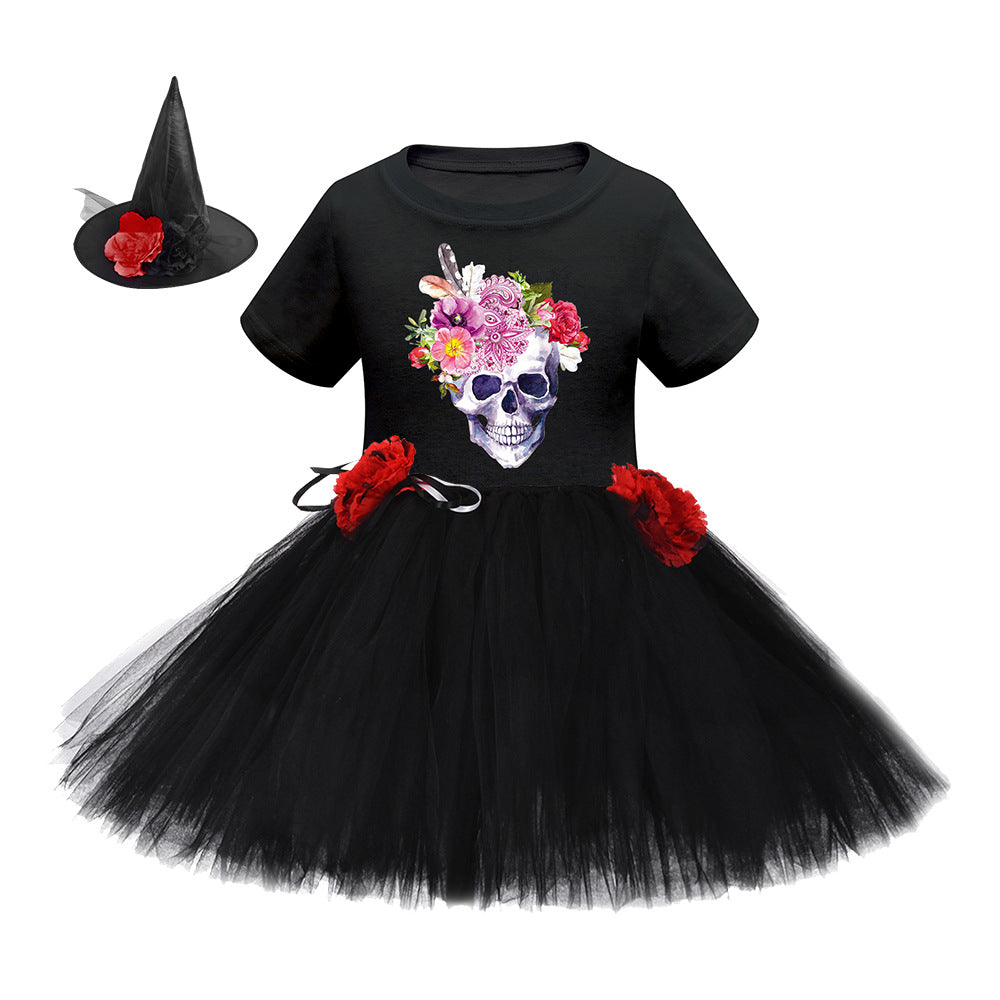 Arrival Girls’ Halloween Costume featuring short sleeves and cartoon print witches in vibrant colors.