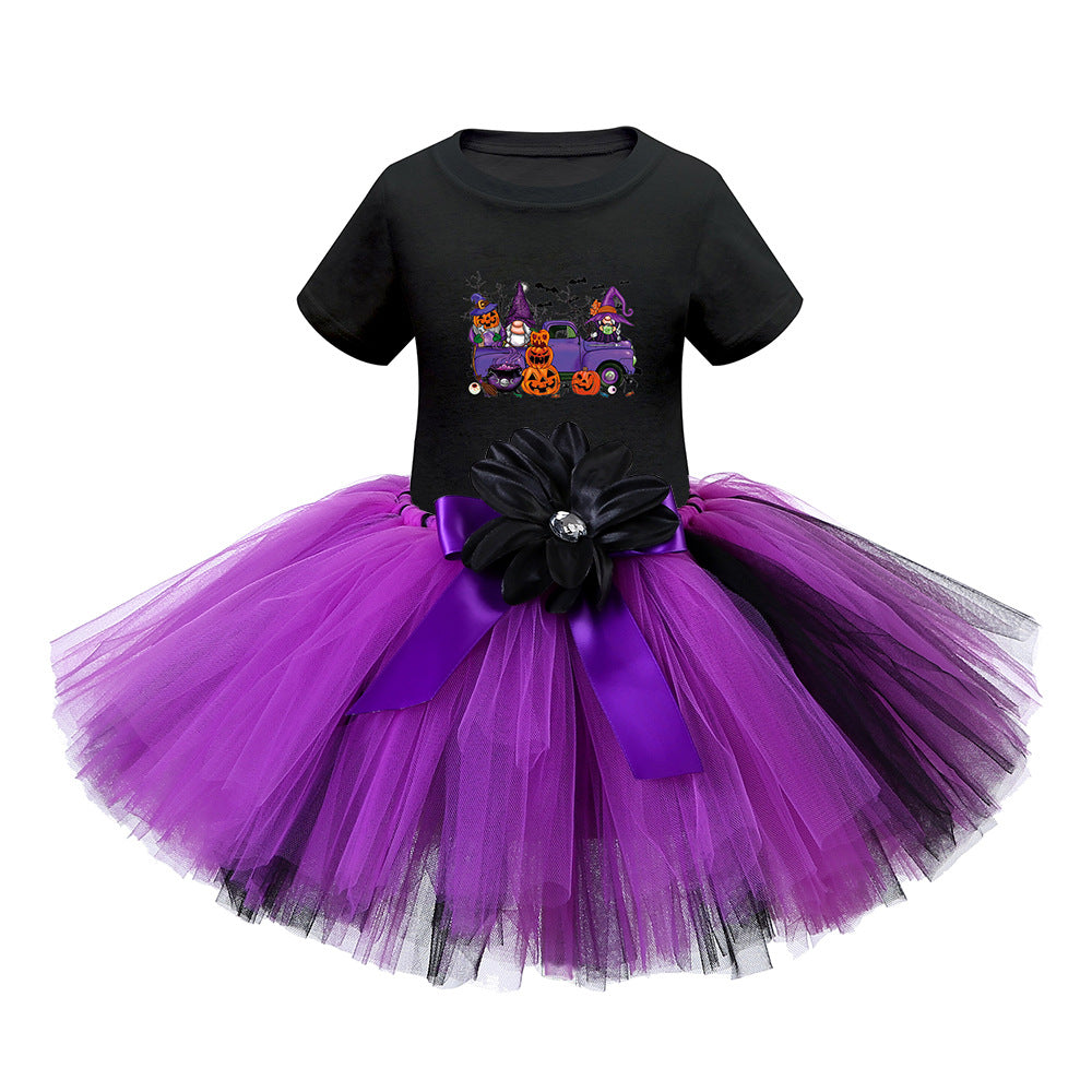 Arrival Girls’ Halloween Costume featuring short sleeves and cartoon print witches in vibrant colors.
