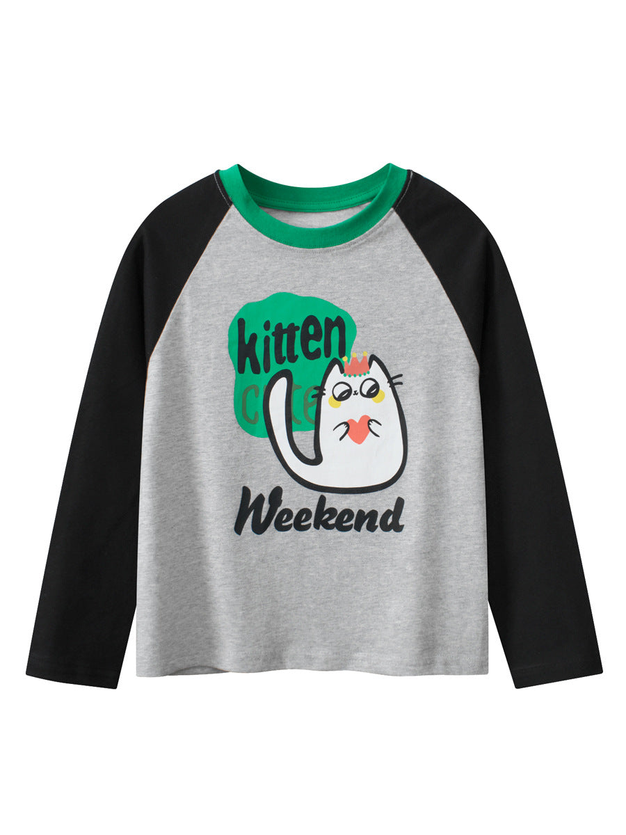 Arrival Kids Boys Cartoon Print Crew Neck Long Sleeves shirt in grey with colorful patchwork and cartoon design.