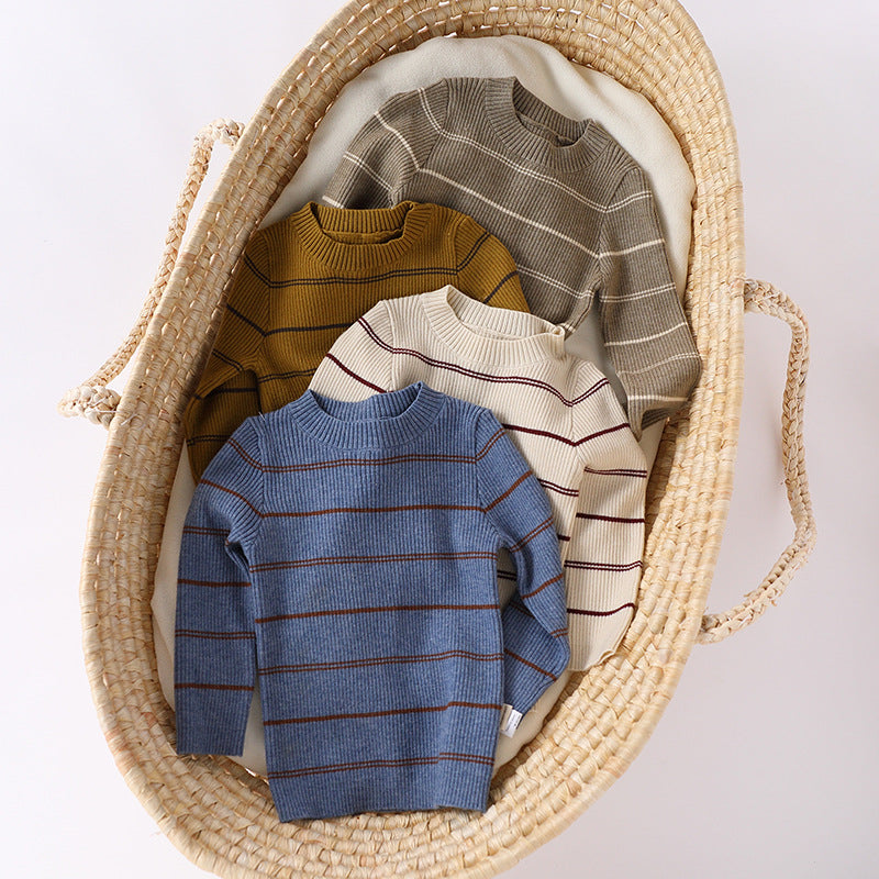 Arrival Kids Unisex Soft Comfortable Knitted Long Sleeves Striped Top in blue, yellow, khaki, and beige colors, showcasing its vibrant striped pattern.
