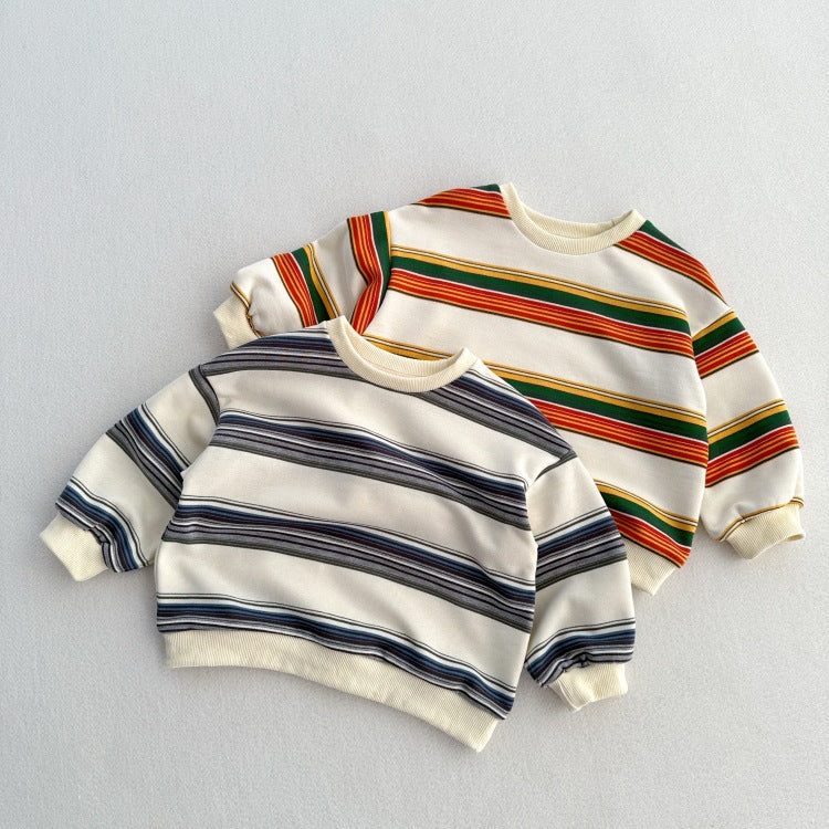 Arrival Kids Unisex Soft Comfortable Long Sleeves Striped Top in grey and colorful options, made from soft cotton material.