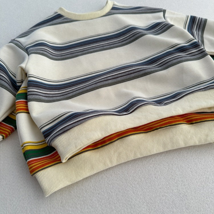 Arrival Kids Unisex Soft Comfortable Long Sleeves Striped Top in grey and colorful options, made from soft cotton material.