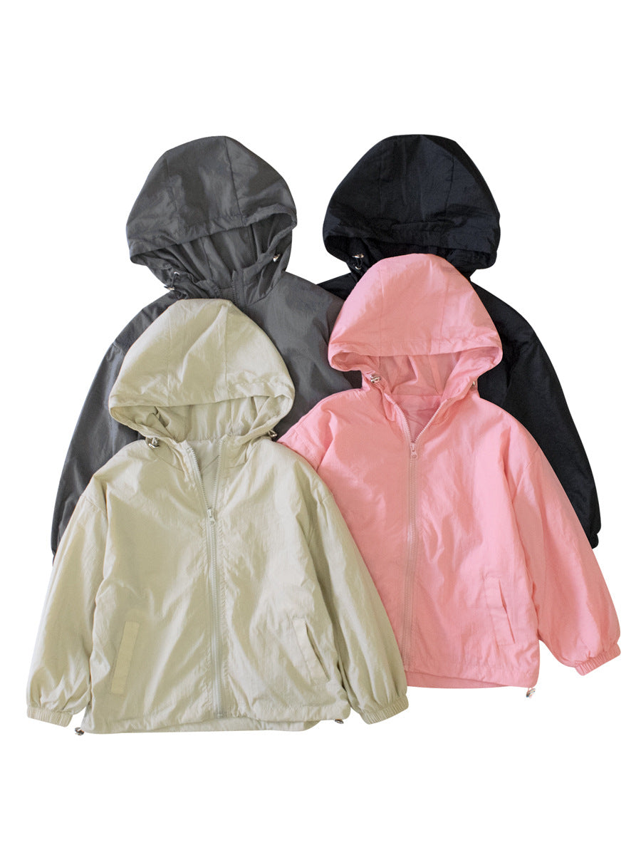 Arrival Kids Unisex Solid Color Hooded Zip-up Coat in Black, Pink, Grey, and Khaki, showcasing its stylish design and hood.