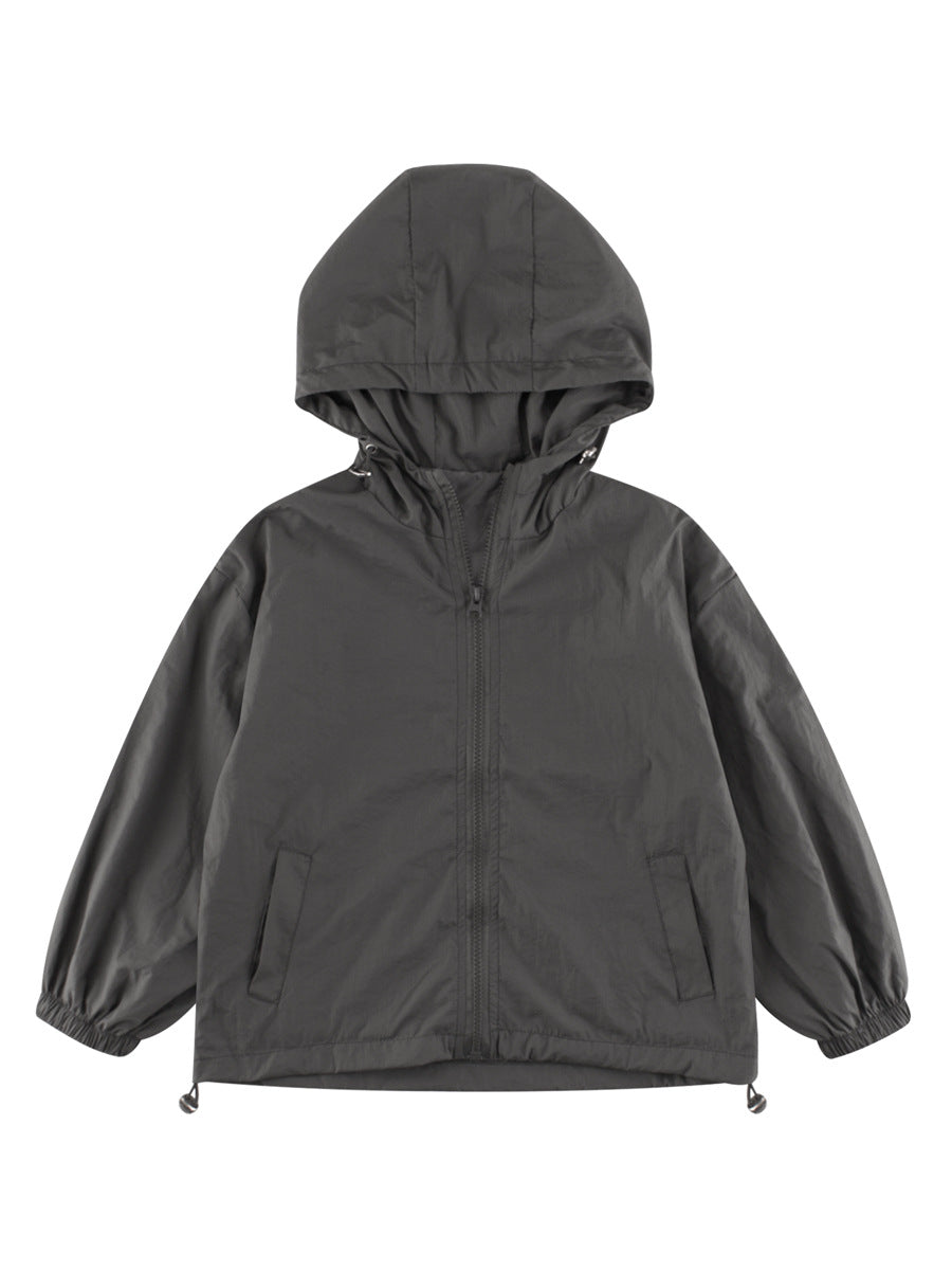 Arrival Kids Unisex Solid Color Hooded Zip-up Coat in Black, Pink, Grey, and Khaki, showcasing its stylish design and hood.