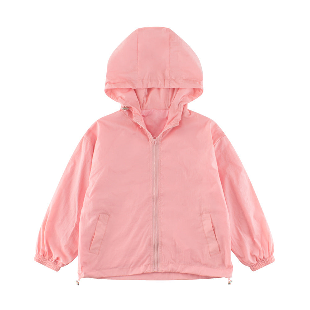 Arrival Kids Unisex Solid Color Hooded Zip-up Coat in Black, Pink, Grey, and Khaki, showcasing its stylish design and hood.
