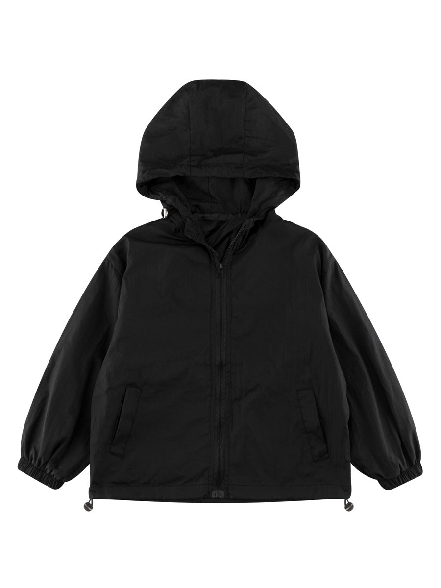 Arrival Kids Unisex Solid Color Hooded Zip-up Coat in Black, Pink, Grey, and Khaki, showcasing its stylish design and hood.