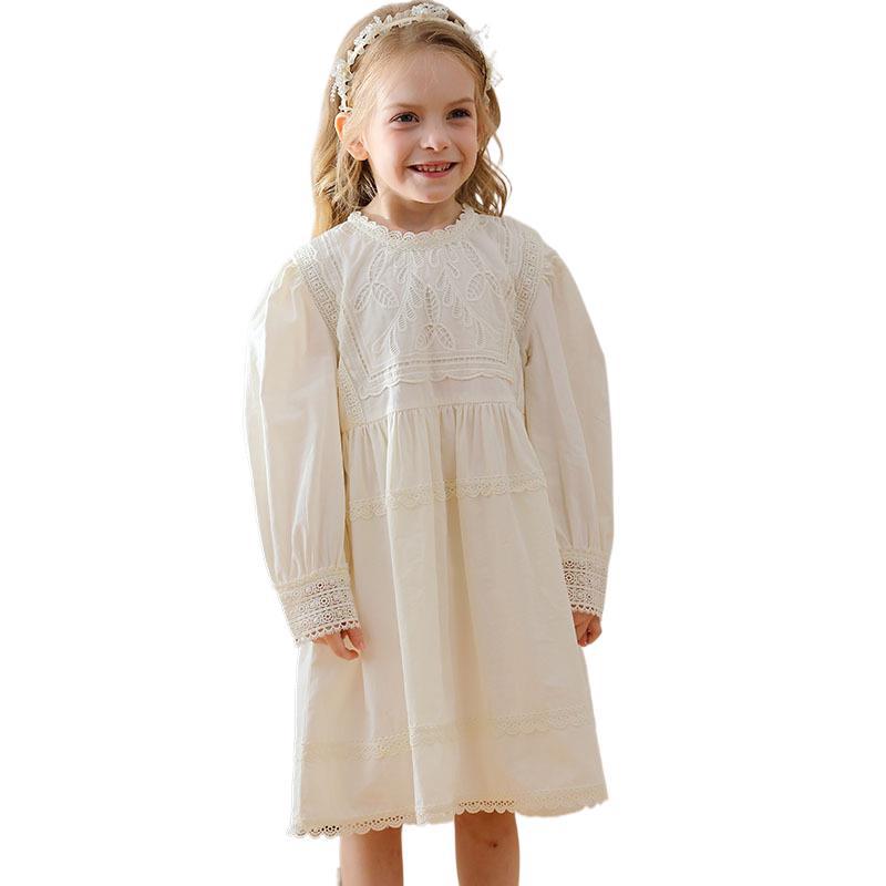 A charming apricot dress for girls featuring lace trim and embroidered details, perfect for autumn wear.